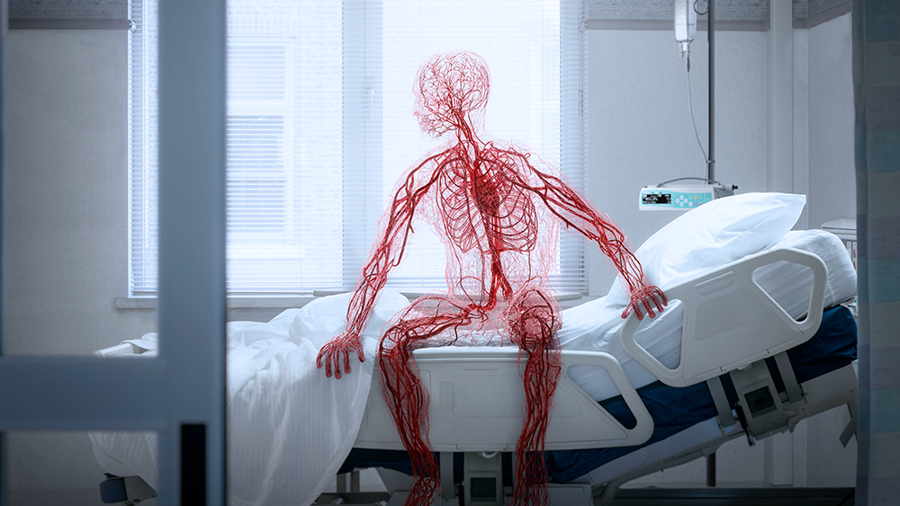 Figure in the shape of a man composed of only veins sitting on a hospital bed.
