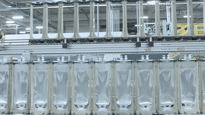 IV solutions on the B. Braun manufacturing line in the process of being manufactured.
