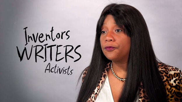 Employee and member of the Black Employee Resource Group looking off camera with the words Inventors, Writers and Activists written next to her.