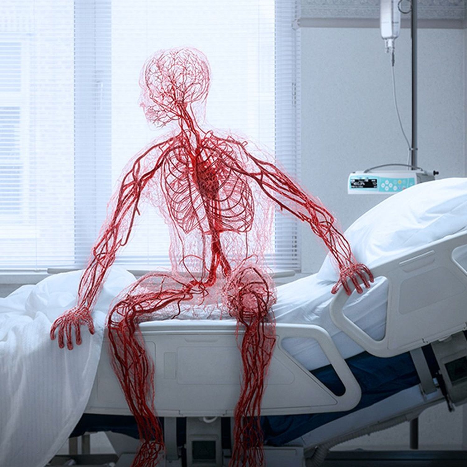 Veins create a shape that resembles a man who is sitting on a hospital bed.