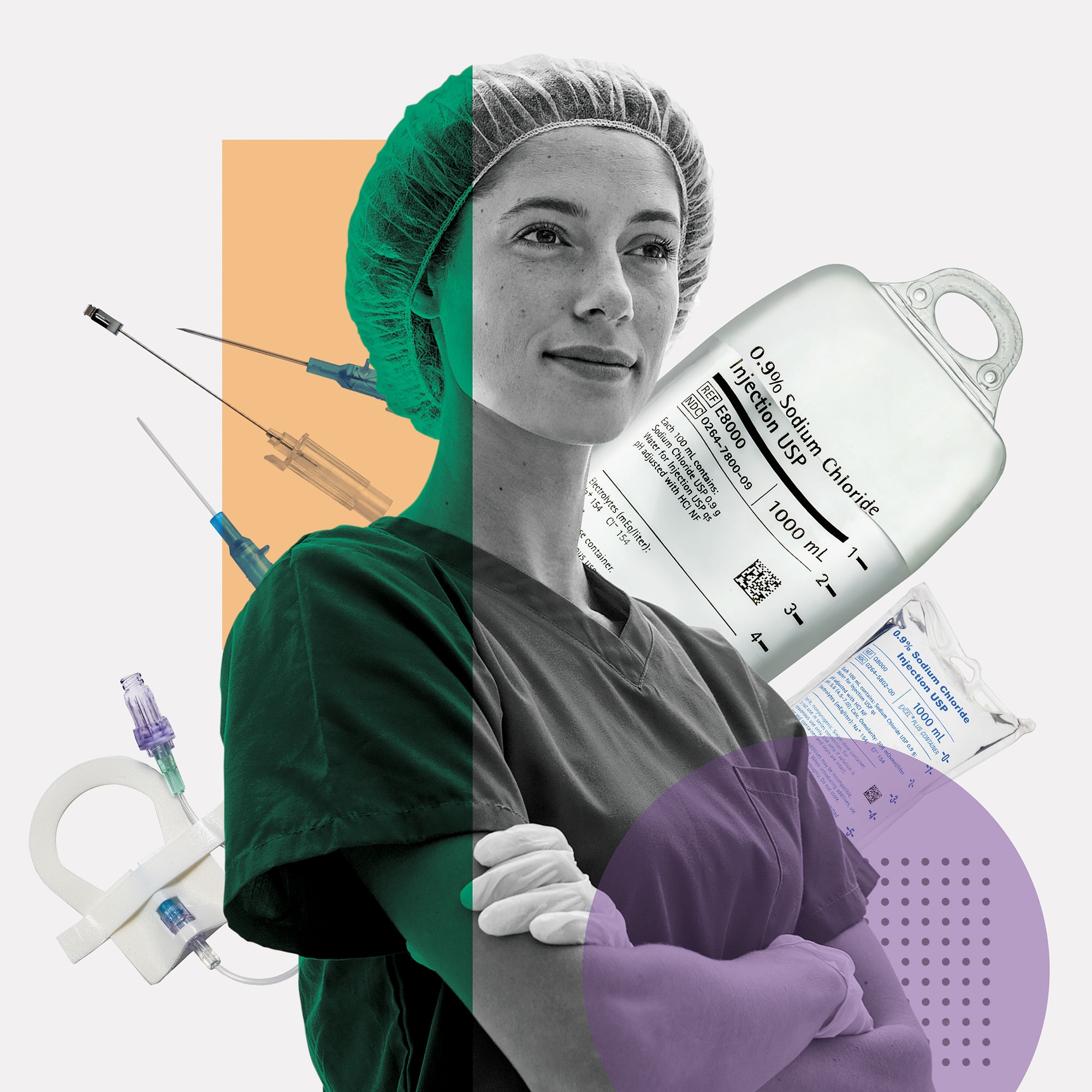 Healthcare provider posing confidently in the foreground with B. Braun product imagery in the background—a 1,000 mL B. Braun solution bag labeled “0.9% Sodium Chloride Injection USP,” Clik-FIX and a collection of Introcan Safety catheters.