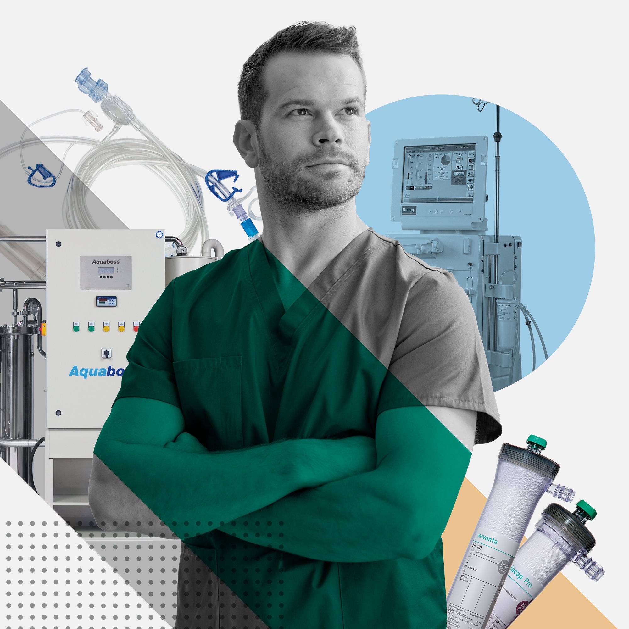 Healthcare provider posing confidently in the foreground with B. Braun product imagery in the background—clear plastic tubing for renal care, the Aquaboss system, and a Dialog+ machine.