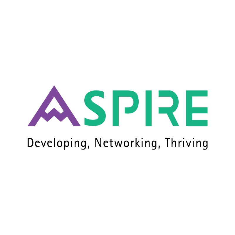 The word "Aspire" with a mountain top representing the letter "A" and the words Developing, Networking, Thriving underneath. 