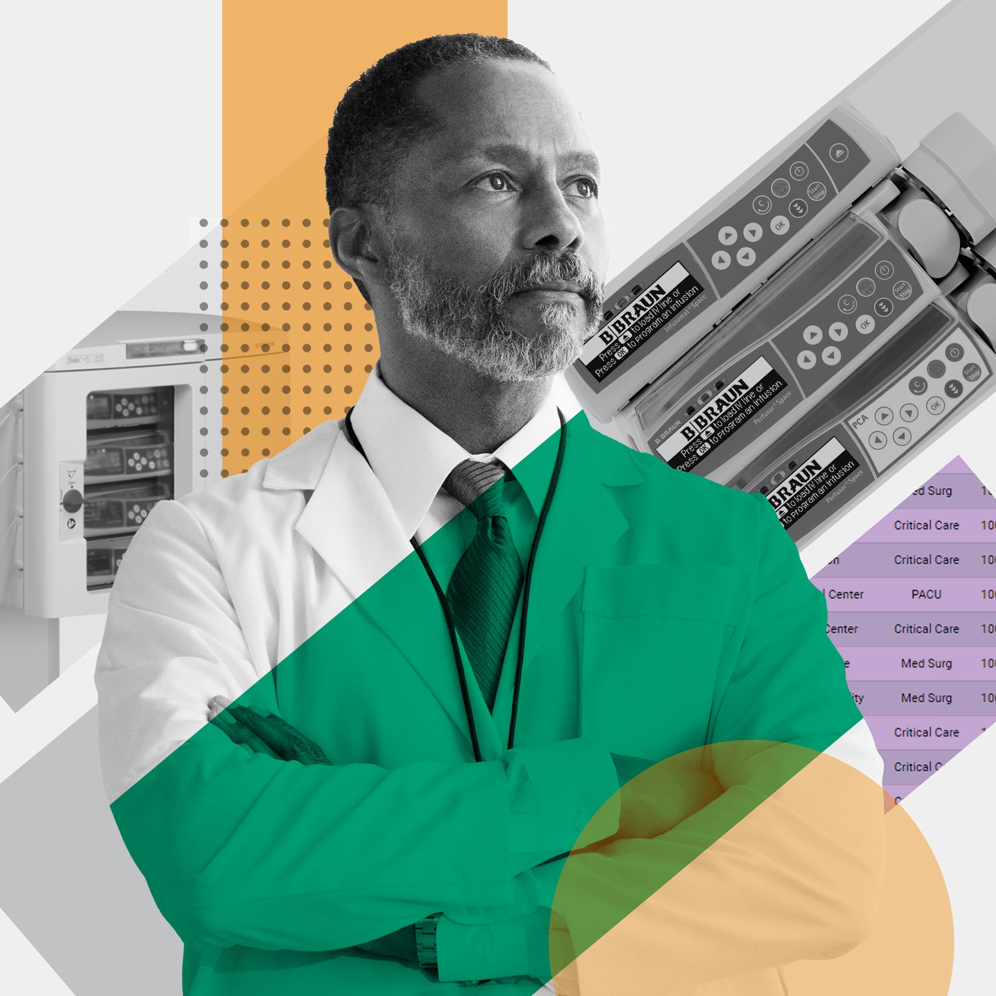 Healthcare provider posing confidently in the foreground with B. Braun product imagery in the background—B. Braun infusion pumps stacked on top of one another.