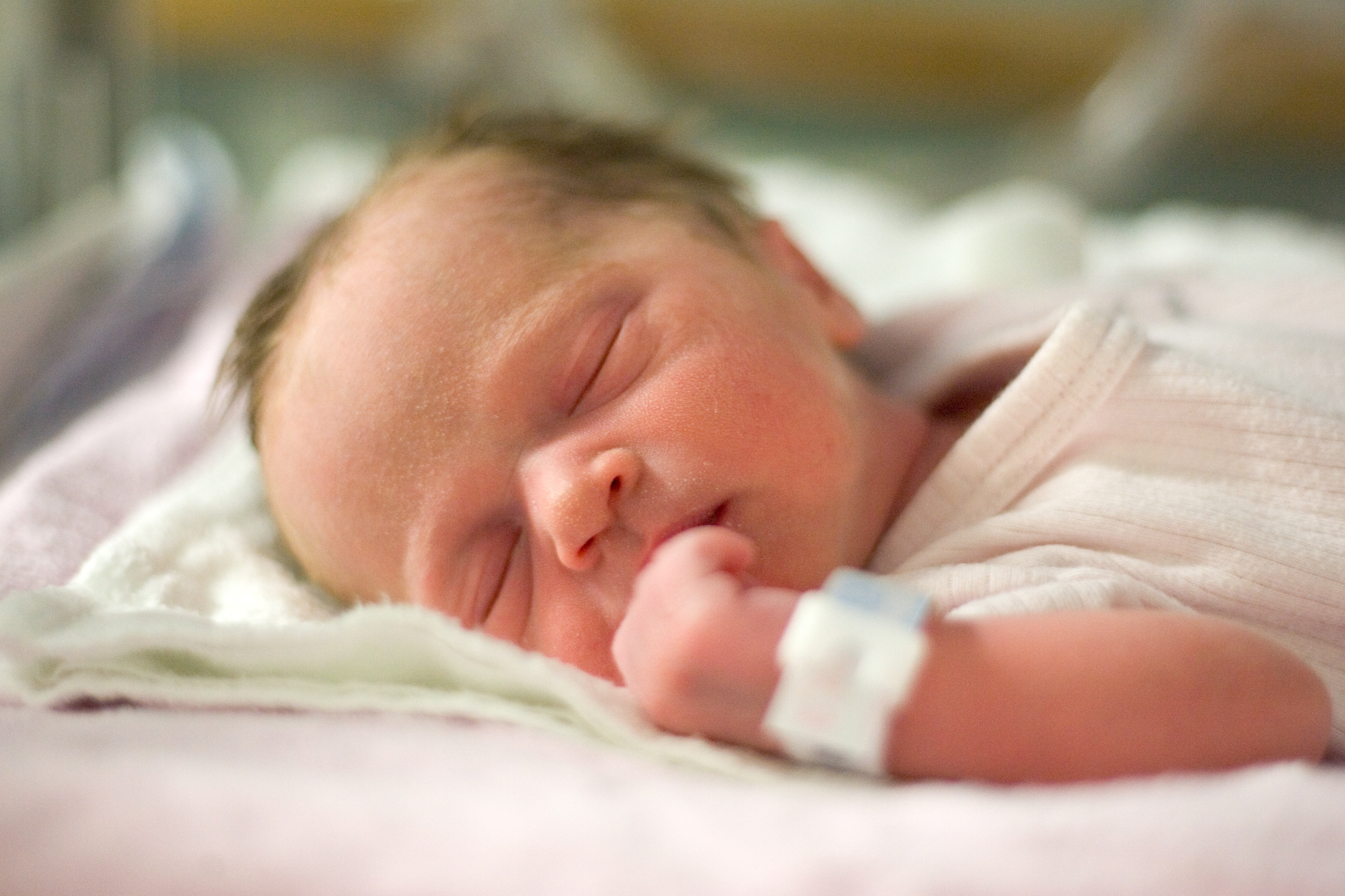 An identical twin girl in her isolette 1 day after birth.