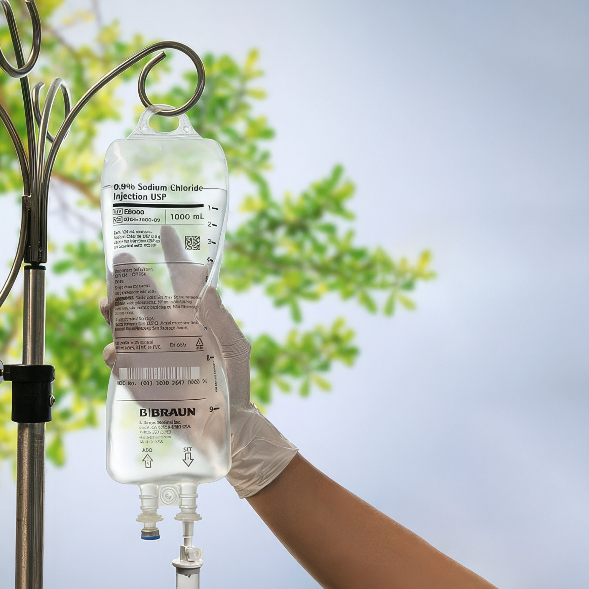 0.9% Sodium Chloride Injection USP being held up by a gloved hand in front of a window looking outside.