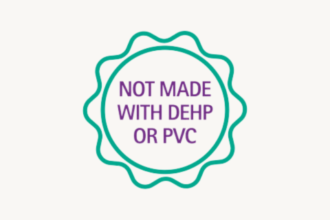 Not made with DEHP or PVC written inside a circle.