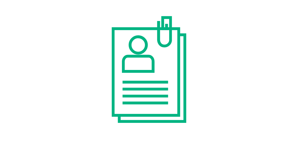 Green paper icon with outline of a body and paper clip at the top. 