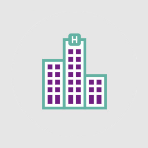 Icon of a green hospital with purple windows and doors.